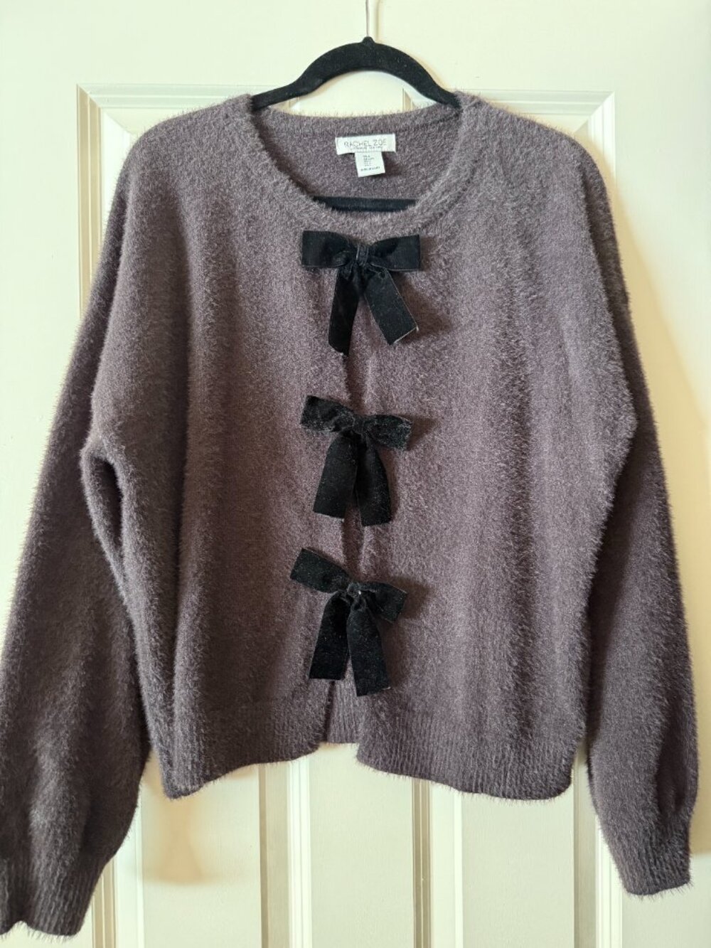 Rachel Zoe Women's Fuzzy Bow Cardigan Sweater Brown Black Velvet Bows size Large